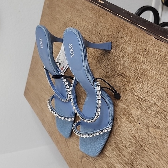 Zara Rhinestone Heeled Denim Sandals size 37 - Picture 5 of 9